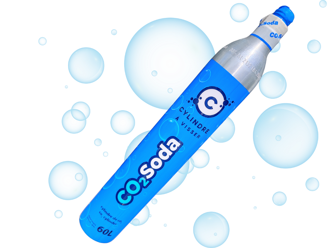 Logo Co2 Soda avec cylindre de CO₂ alimentaire bleu et bulles d’eau pétillante sur fond transparent.